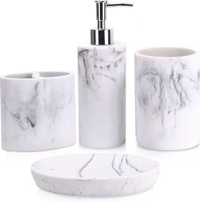 Image de Ensemble d'accessoires de salle de bains 4 pièces, blanc, aspect marbre