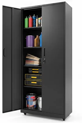 Produktbild von COSTWAY 5 Ebenen Aktenschrank abschließbar mit Doppeltür & Rollen, 186cm Mehrzweckschrank mit 4 verstellbaren Regalen, Büroschrank, Metallschrank