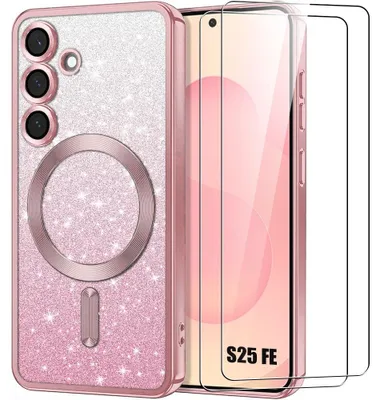 Image de Coque + 2 Verres Trempés pour Samsung Galaxy S25 FE, Silicone avec Cercle Magnétique Protection Caméra - Rose Scintillant