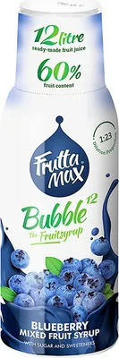 A bottle of blueberry mixed fruit syrup with blueberries depicted on the label.