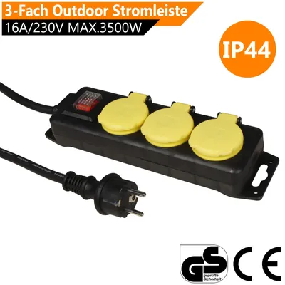 Produktbild von ORSEM 3 Fach Outdoor Steckdosenleiste Stromleiste 16A / 230V Max. 3680W mit 3m Kabel für Außenbereich IP44 Schwarz