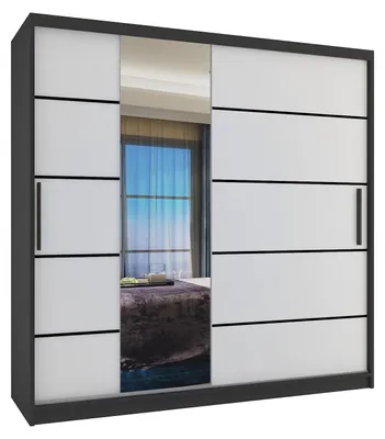 Immagine prodotto di BELINI Verona, armadio scorrevole da 200 cm, nero/bianco opaco - armadio con specchio e 2 cassetti, ideale per la camera da letto