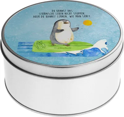 Produktbild von Mr. & Mrs. Panda Dose Pinguin Surfer - Eisblau - Geschenk, Surfen, Blechdose, Optimistisch, Portugal, keksdosen, Blechbüchse, Kaffeedose, Vorratsdosen, Urlaub, Hawaii