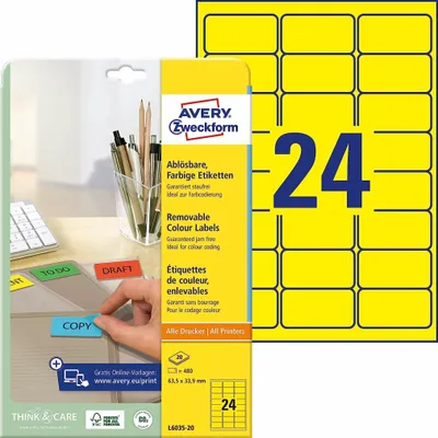 Obrázek produktu pro Avery L6035-20, Žlutá, Zaoblený obdélník, Vyjímatelná, 63.5 x 33.9 mm, A4, Papír