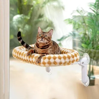 Produktbild von Famanu Katzenfensterbank Verlängerung Faltbar Katzenbett für Fenster mit Weichem Plüschmatratze 4 Saugnäpfen 54x30cm (Braun - M)