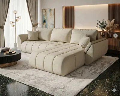Image de Canapé d’angle SYDNEY PREMIUM droit beige velours Monolith 2 - fonction couchage, coffre de rangement pour la literie