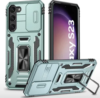 Produktbild von Galaxy S23 Hülle, Schiebe Kamera Schutz und Ringhalter Ständer Dual Layer Stoßfest Schutzhülle für Samsung Galaxy S23