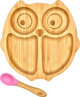 Productafbeelding van Bamboe beker voor kinderen, inclusief lepel - met uilenmotief - roze
