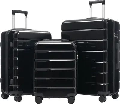 Produktbild von Flieks Koffer-Set, 3-teilig, Schwarz, Hartschalenkoffer ABS+PC, TSA-Schlösser, Schwenkrollen, inkl. Handgepäck, Maße: M (20'') 49x34x20 cm, L (24'') 58x39x24 cm, XL (28'') 69x47x28 cm, Gesamtgewicht: 11 kg