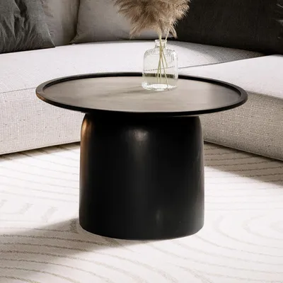 Obrázok produktu pre Konferenčný stolík FineBuy z masívneho mangového dreva, okrúhly, Ø 60 cm · Čierny stolík do obývačky v modernom dizajne · Ručne vyrobený stolík k pohovke s nohami v tvare suda