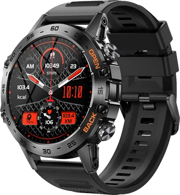 A close-up, angled view of a black smartwatch with an orange and black digital display.
