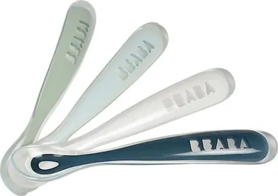 Produktbild von BEABA Babylöffel aus Silikon, 1. Alter, 4er-Pack, Galet Bleu nuage Bleu baltique Argile