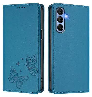 Produktbild von Lederhülle für Samsung Galaxy A15 5G/4G, Schmetterling Prägung Leder Brieftasche Schutzhülle mit Ständer Blau