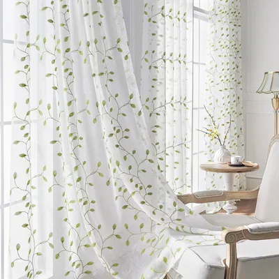 Produktbild von Easy Home Stickerei Voile Vorhänge - 140x245 cm Transparent - Blattmuster Gardinen 2er Set - Grün