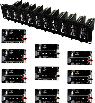 Immagine prodotto di Montaggio a rack da 19" per Raspberry Pi 5, con 10 adattatori PCIe a M.2 NVMe SSD, adatto per un massimo di 10 schede Raspberry Pi 5/4B, compatibile con
