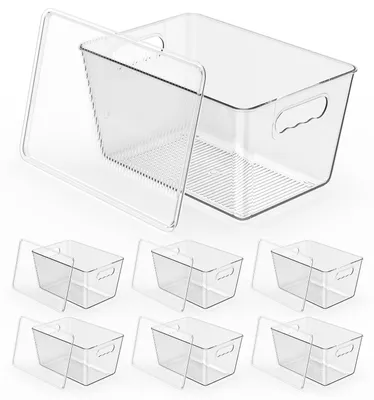Produktbild von Set aus 6 transparenten Aufbewahrungsbehältern mit Deckel, stapelbare Kunststoffbehälter mit praktischen Griffen für Küchenschränke, Speisekammer und Kühlschrank.