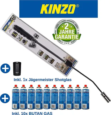 Produktbild von Kinzo K0318 Unkrautbrenner Unkrautvernichter 80cm, inkl 10 Butangaskartuschen je 227g, Gasbrenner mit Piezozündung, Abflammgerät max 1000 °C, Brenner Flamme regulierbar,ideal als Grillanzünder, Shisha