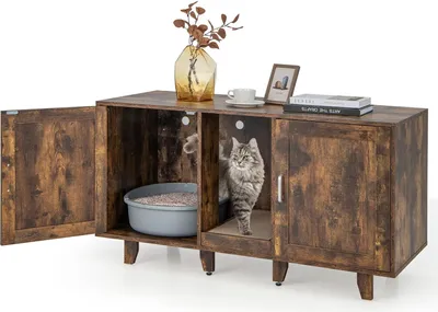 Produktbild von GOPLUS 3 in 1 Katzenschrank, Katzentoilette mit 2 Türen & abnehmbaren Beinen & herausnehmbarem Kratzbrett, Katzenhöhle Beistelltisch TV-Ständer für 2 Katzen, 120x52x65cm (Vintage)