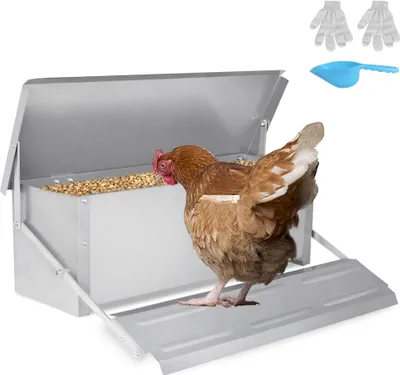 Produktbild von JNGLGO automatické krmítko pre kurčatá 10 kg pozinkované oceľové krmítko pre kurčatá s automatickým pedálom a vodotesným vekom krmítko pre hydinu, kurčatá, kačice, husi
