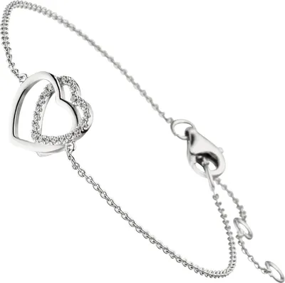 Produktbild von 1,1mm Armband Armkette, 2 Herzen mit Zirkonia 925 Silber rhodiniert, 15-18,5cm