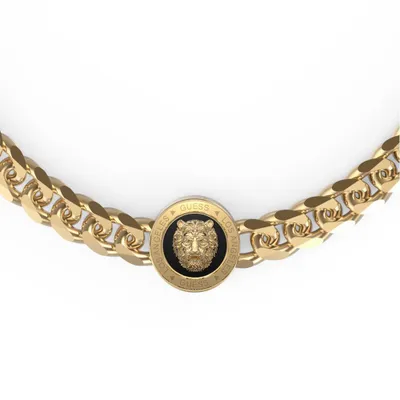 A close-up shot of a gold-colored chain necklace with a central pendant featuring a lion's head.