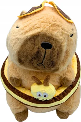 A plush toy capybara dressed as a bee, shown from the front against a white background.