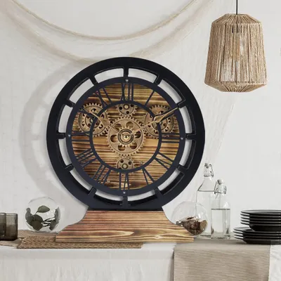 Produktbild von Lafocuse Tischuhren mit bewegenden Zahnrädern, schwarz industriell Steampunk Vintage Holz, umwandelbar zur Wanduhr, retro römische Ziffern für Wohnzimmerbar