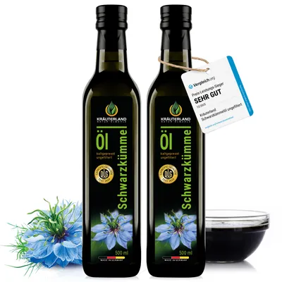 Produktbild von Kräuterland Premium Schwarzkümmelöl, 2x 500ml ungefiltert, kaltgepresst, Europas größte Ölmühle im Online-Handel, 22 Jahre Erfahrung, mühlenfrisch