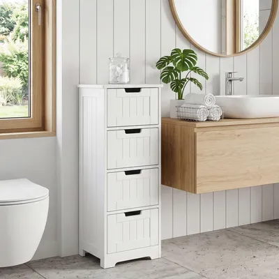 Zdjęcie produktu dla FineBuy designerska szafka łazienkowa styl country drewno MDF 30 x 83 x 30 cm biała szafka łazienkowa mała 4 szuflady szafka boczna szafka wielo