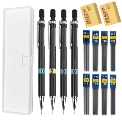 Image de Coffret de crayons à papier 15 pièces, avec des mines de 0,3/0,5/0,7/0,9 mm, comprenant 8 mines HB, 2 gommes et une trousse