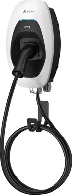 A wall-mounted electric vehicle charging station.