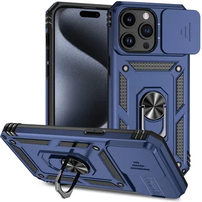 Obrázek produktu pro Pouzdro pro iPhone 15 Pro dvouvrstvé pouzdro s posuvným krytem kamery a prstencovým stojánkem modré