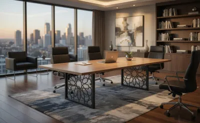 Image de Table de conférence en bois avec une structure métallique décorative