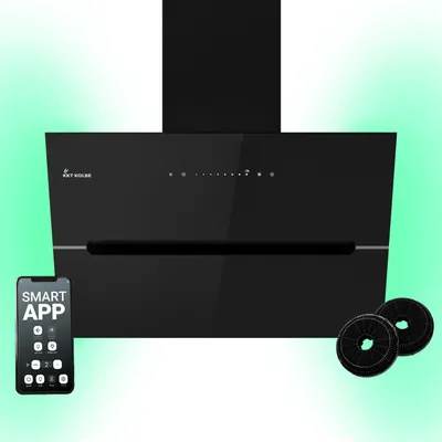 A black glass kitchen hood with a smartphone displaying a 'SMART APP' interface and two charcoal filters.