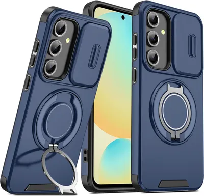 Obrázek produktu pro Dvouvrstvé pouzdro pro Samsung Galaxy S24 FE, s posuvným krytem fotoaparátu a magnetickým kroužkovým stojánkem Modrý