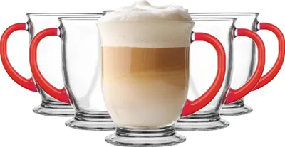 Produktbild von Glasmark KROSNO 1992 Kubas Kaffeegläser-Set 6-teilig mit Rotem Griff Cappuccino Eiskaffee Gläser Becher Spülmaschinenfest 6x400 ml