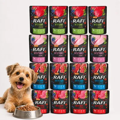 Produktbild von RAFI Nassfutter für Hunde 16 × 300 g im Beutel – Mix aus 4 Sorten: Lamm, Rind, Truthahn und Wild | nassfutter, KI-generiertes Bild