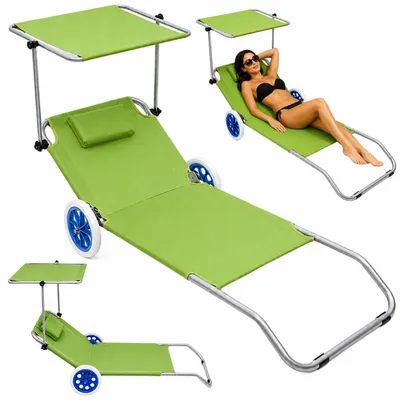 Image de Transat de plage de jardin pliant sur roulettes avec auvent métal vert