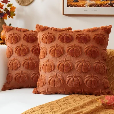 Immagine prodotto di Set di 2 federe per cuscini a forma di zucca, in peluche e lana, colore ruggine, 45x45 cm