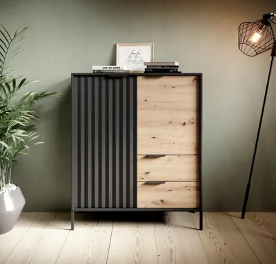 Productafbeelding van Zijtafel met twee deuren, 100 cm breed, Varo - Kast met lades en poten - Meubels van de fabrikant (Zwart + Artisan)