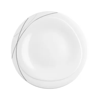 A white plate with a gray line design on the rim, viewed from directly above.