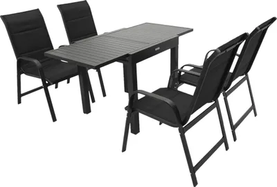 Produktbild von TPFGarden GARTEN-GARNITUR Ashford - 5-teilige Garten-Essgruppe (4x Stapelsessel Hochlehner Aluminium dunkelgrau + Textilgewebe gepolstert schwarz, 1x Balkon-Ausziehtisch 70/140x70cm, Aluminium dunkelgrau)