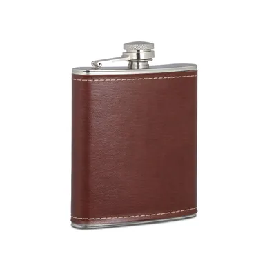 Produktbild von 5 x Flachmann 200ml, Taschenflasche aus Edelstahl mit Kunstleder Hülle, kleiner Flachmann für Unterwegs, braun