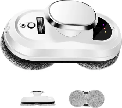 A white robotic window cleaner with gray cleaning pads is shown against a white background. Below the main product, there are two smaller images: one of a suction cup and another of two cleaning pads.