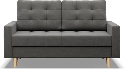 A studio shot of a dark gray sofa with tufted back cushions and wooden legs.