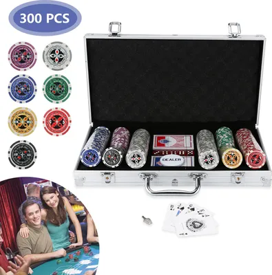 Produktbild von Izrielar 300 Pokerchips Spiel Pokerset Pokerkoffer Set mit Schloss – 11,5g Profi Jetons, abschließbarer Alu-Koffer Silber