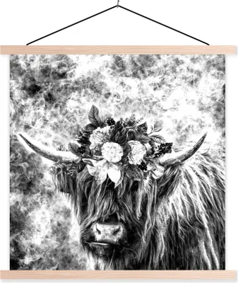Produktbild von MuchoWow® Textilposter Schottisches Hochlandrind - Tiere - Blumen - Schwarz - Weiß 60x60 cm mit holzfarbenen Rahmen - Wanddekoration