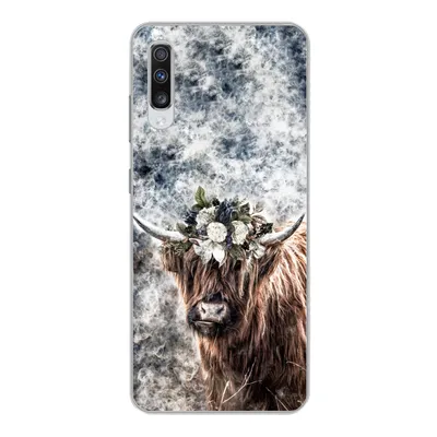 Produktbild von MuchoWow® Handyhülle Schutzhülle Hülle für Samsung Galaxy A70 Schottischer Highlander - Rauch - Blumen Silikon Softcase Handy Hülle - Schutzhaube