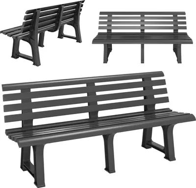 Three views of a dark gray plastic garden bench against a white background.