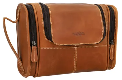 Produktbild von Gusti Leder Kulturbeutel Chester, Echtleder Waschtasche Herren Damen, Kosmetiktasche Reise, Kleine Schminktasche Braun